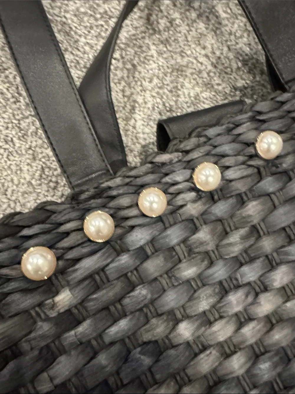 Black Keli Woven Pearl-Trim Tote Bag